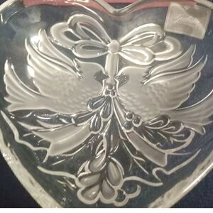 GORHAM, “Christmas Cardinals”, 7" Heart Shaped Crystal Dish.  (Made in Germany).